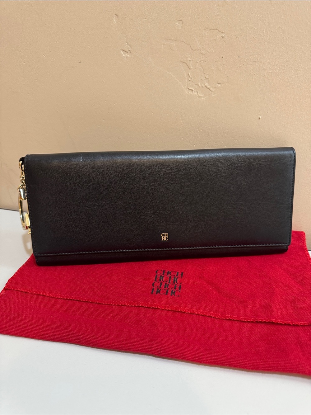 Carolina Herrera Black Leather Envelope Clutch with Gold CH Accent